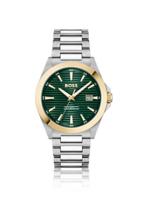BOSS GOLD- AND SILVER-TONE WATCH WITH GREEN GROOVED DIAL
