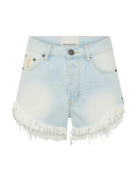 ONE TEASPOON Outlaws Mid Waist Mid Length Star Stitched Denim Shorts - Bel Air Blue