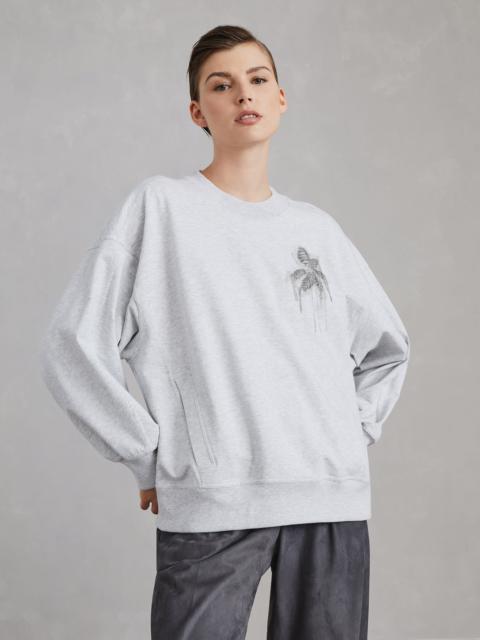 Brunello Cucinelli Stretch cotton lightweight French terry sweatshirt with precious flower crest