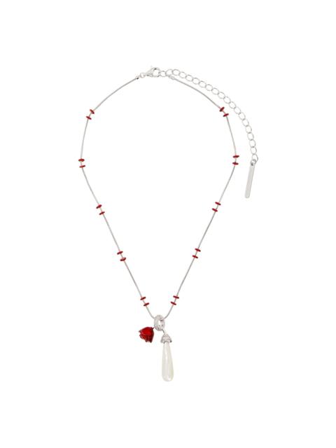SHUSHU/TONG Silver & Red Pearl Drop Sleeping Rose Necklace