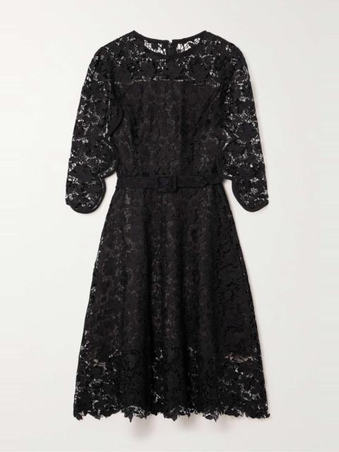 Belted wool-blend guipure lace dress