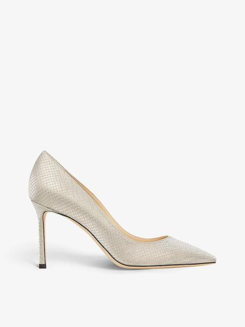 JIMMY CHOO Romy 100 Platinum Ice Dusty Glitter Pointy Toe Pumps 