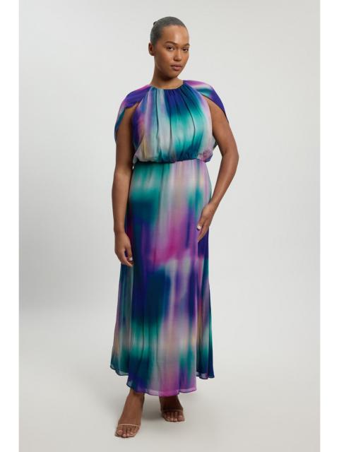 KAREN MILLEN Plus Size Crinkle Georgette Cape Blur Print Woven Maxi Dress