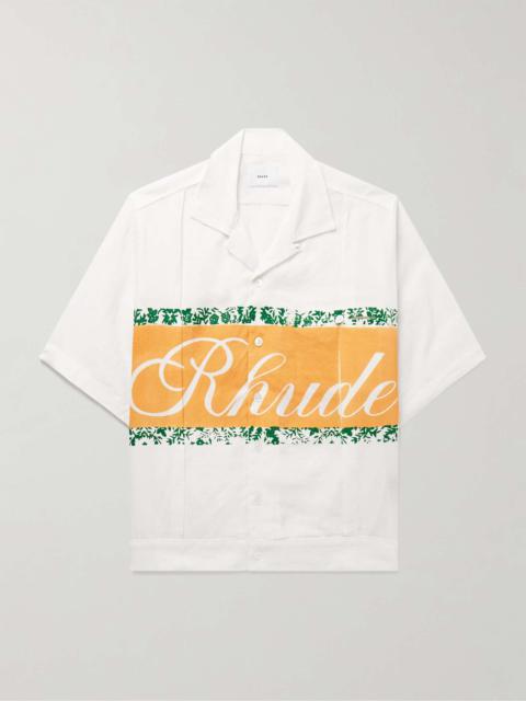 Convertible-Collar Pleated Logo-Print Linen Shirt