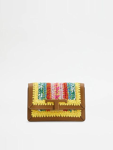 Tod's TIMELESS BELT BAG IN LEATHER AND RAFFIA MICRO WITH METAL SHOULDER STRAP - BROWN, YELLOW, RED
