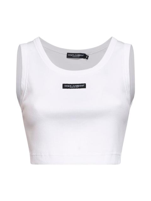 Dolce & Gabbana White ribbed cotton cropped logo tank top