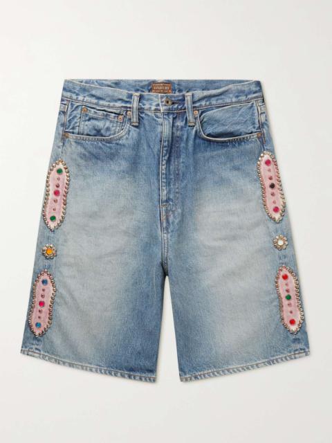 Kapital Wide-Leg Embellished Denim Shorts