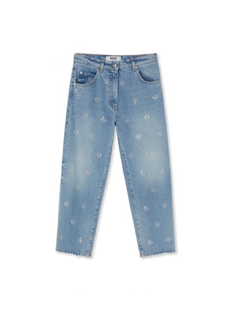 MSGM Blue denim pants wih 5 pockets and daisy rhinestone application