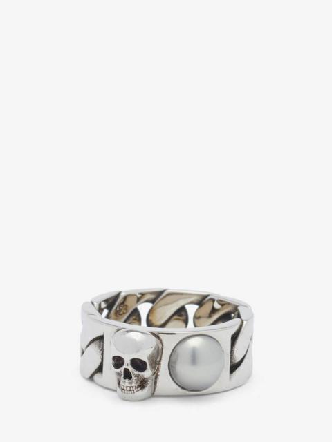 Alexander McQueen Men's Pearl And Skull Chain Ring in Antique Silver