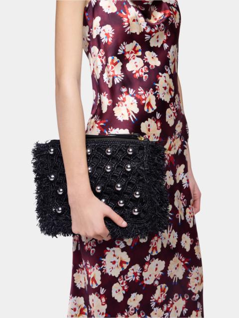 rabanne POUCH IN BLACK RAFFIA WITH SILVER PEARLS DETAILS