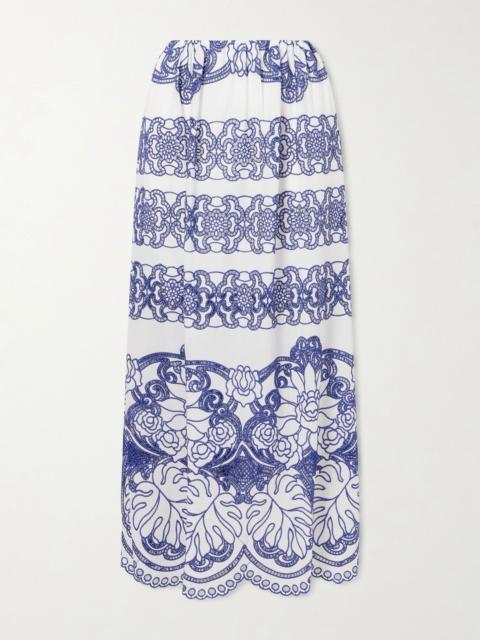 BORGO DE NOR Belan scalloped broderie anglaise cotton-blend maxi skirt Blue