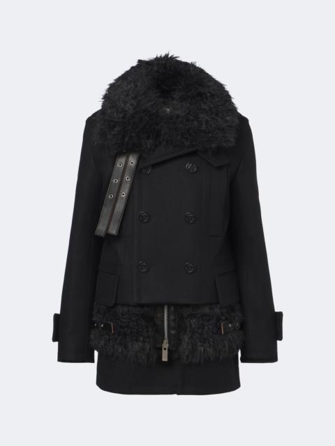 sacai Layered leather-trimmed wool coat
