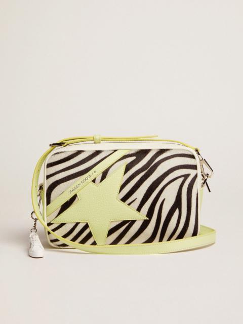 Golden Goose Star Bag in white and lime hammered leather with zebra-print pony skin insert and lime-colored leath