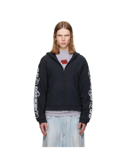 BALENCIAGA Black Cursive Zip-Up Regular Fit Hoodie