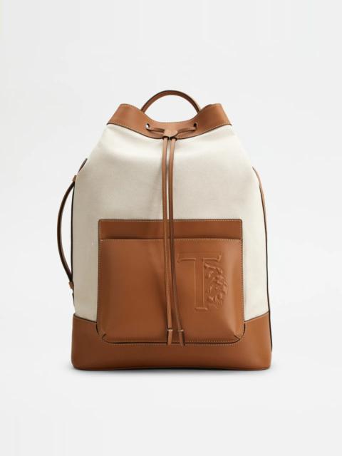 Tod's BACKPACK IN CANVAS AND LEATHER MEDIUM - BROWN, BEIGE