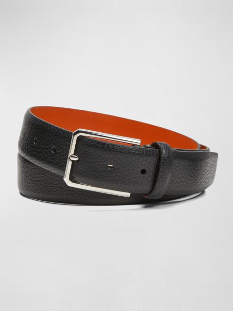 Men's Rectangle Buckle Grained Leather Belt