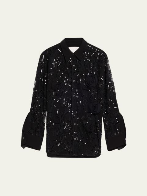 Rosette Sequined Lace Sheer Button-Down Shirt