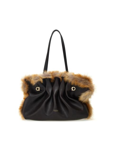FERRAGAMO Soft Medium Shearling-Trimmed Leather Shoulder Bag black