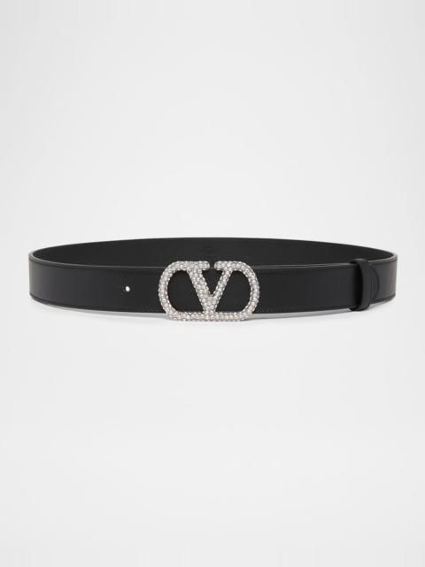 Valentino VLogo Signature Crystal-Embellished Leather Belt, 30mm
