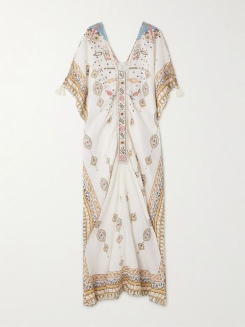 CAMILLA Tasseled embroidered printed linen kaftan Cream
