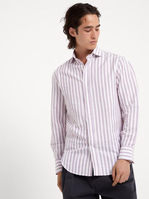 Striped hemp and cotton basic fit shirt with spread collar