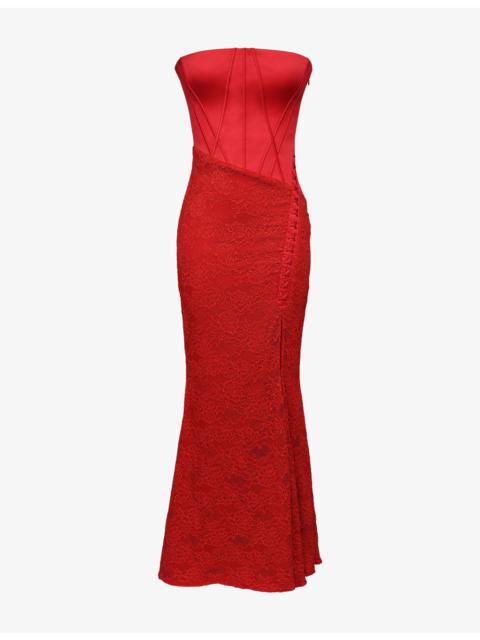 House of CB Valerie Strapless Satin and Lace Maxi Dress