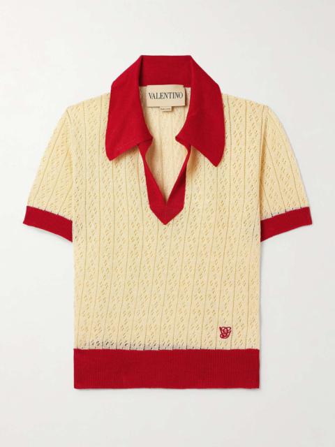 Valentino Pointelle-knit linen-blend polo shirt Ecru