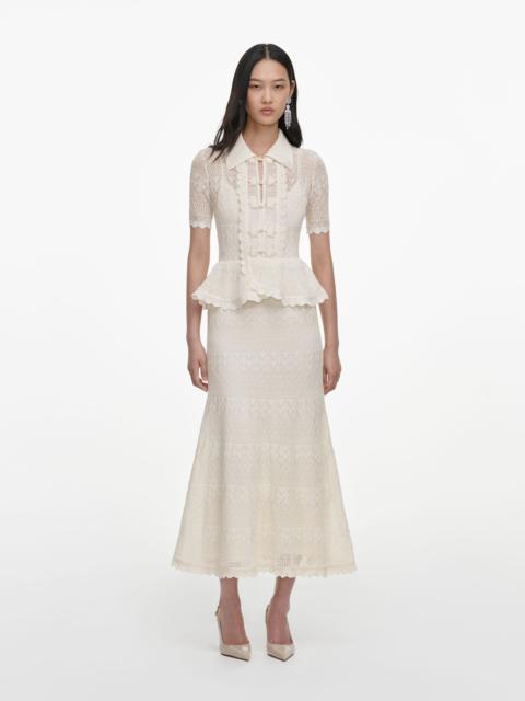 self-portrait Cream Pointelle Knit Wrap Peplum Midi Dress