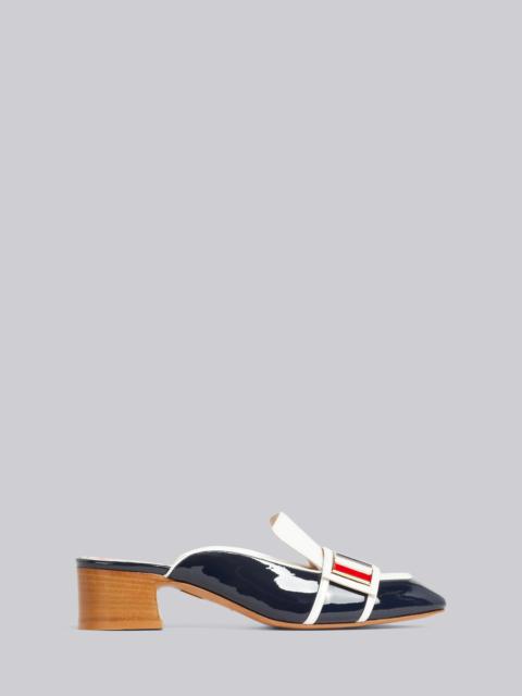 Thom Browne Navy Soft Patent Leather Stripe Enamel Strap 40mm Block Heel Chic Loafer Mule