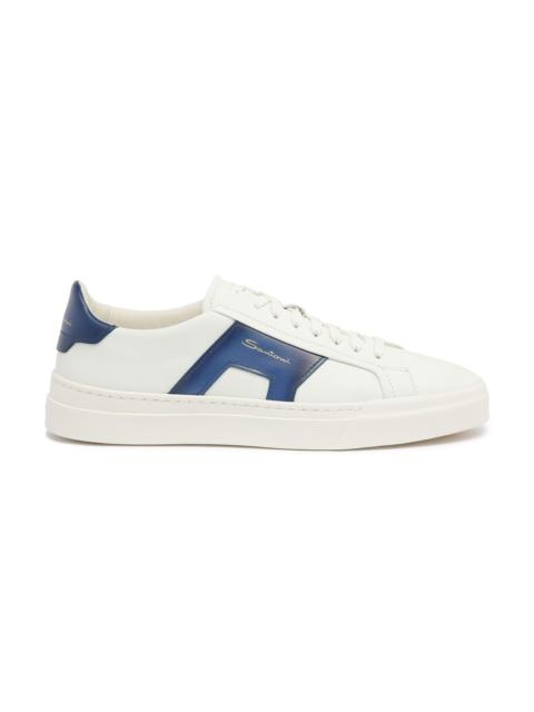 Santoni Men’s white and blue leather double buckle sneaker