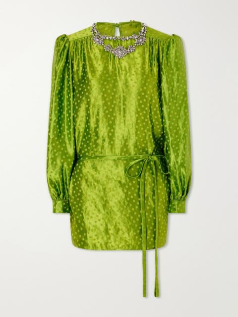 Valentino Belted crystal-embellished polka-dot devoré linen and silk-blend mini dress Green