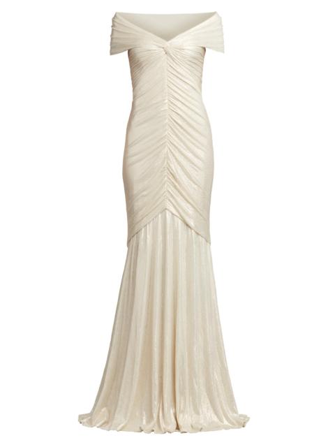 TADASHI SHOJI Women's Metallic Lace Shirred Gown - Ivory