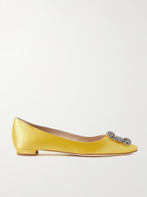 Manolo Blahnik Hangisi Crystal-embellished Satin Point-toe Flats