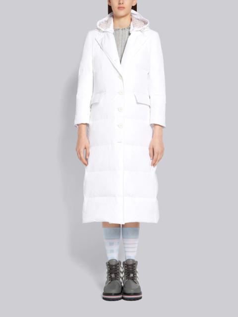 Thom Browne White Down Filled Poly Twill Center Back Stripe Wide Lapel Removable Hood Overcoat