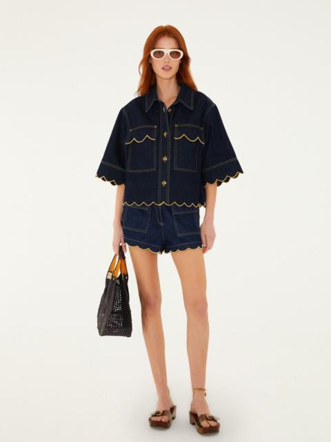 FARM RIO Dark Denim Wavy Hem Short Sleeve Shirt