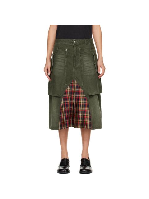 Andersson Bell Khaki Raptor Layered Pleats Denim Midi Skirt