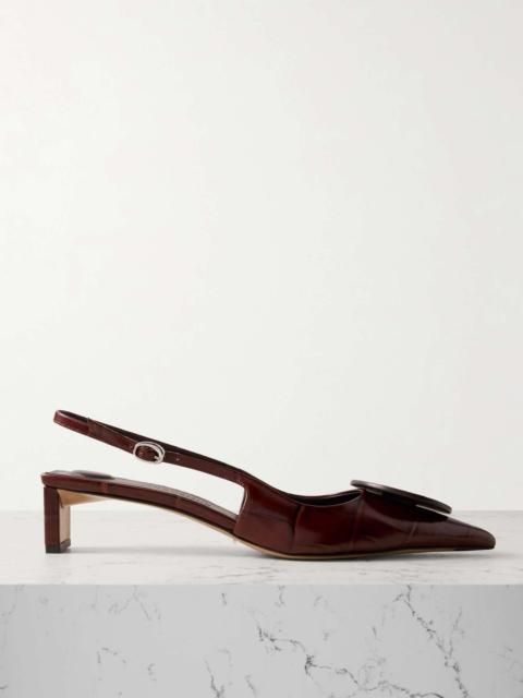 JACQUEMUS Embellished croc-effect leather slingback pumps Chocolate