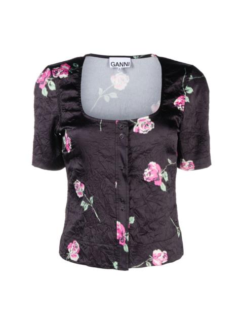 floral-print crinkled satin blouse