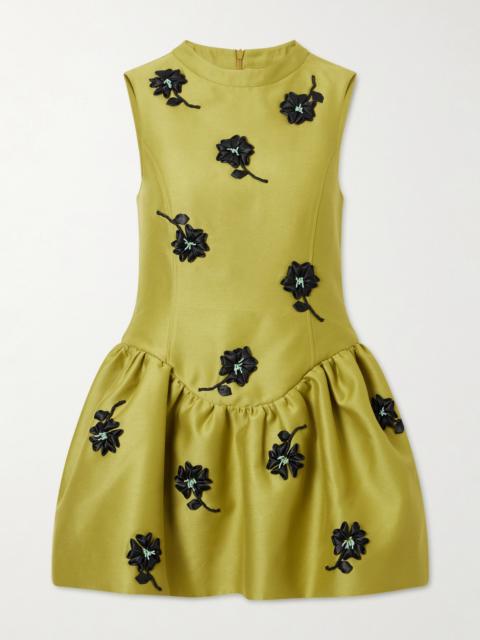 SHUSHU/TONG Floral-appliqué Gathered Satin Mini Dress