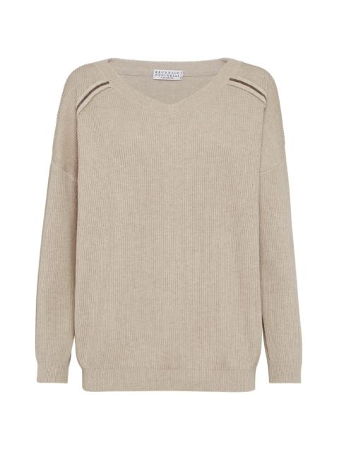 Brunello Cucinelli Women's Cotton English Rib Sweater With Shiny Stripes - Beige