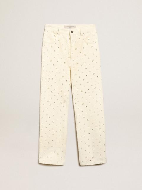 Golden Goose Journey Collection Kim jeans in off-white cotton with diamond patterns and the addition of beads and