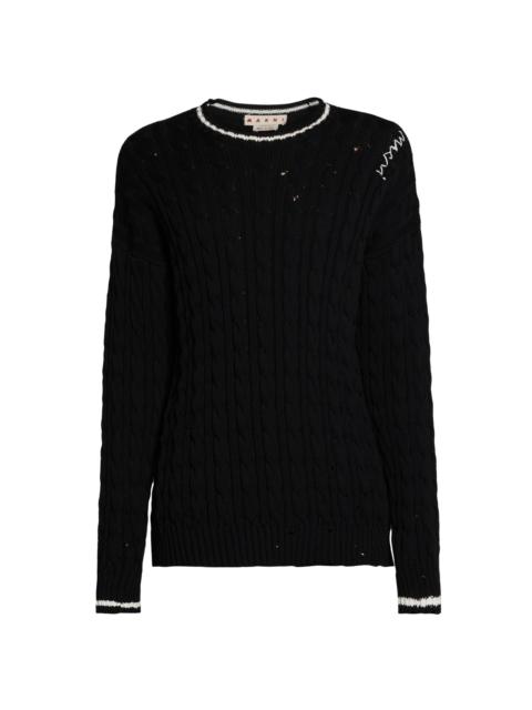 Marni Men's Distressed Cable-Knit Cotton Sweater - Black