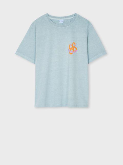 Paul Smith Women's Light Turquoise Acid Wash 'Happy' Flower T-Shirt