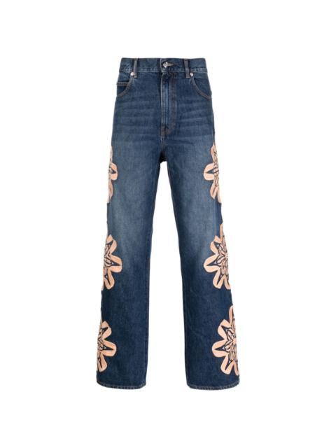 floral-embroidered bootcut jeans