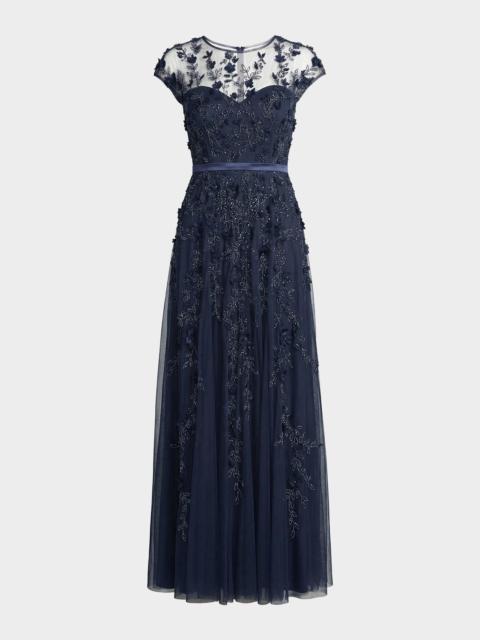 MAC DUGGAL Bead-Embroidered Mesh Gown