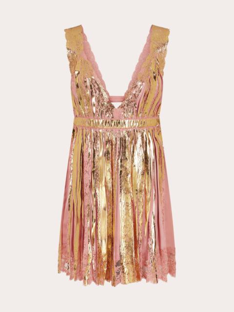 rabanne Pleated Foiled and Lace-Trimmed Satin Mini Dress