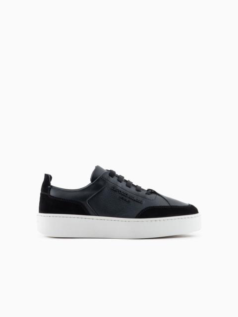 EMPORIO ARMANI Leather sneakers with suede details and embossed logo