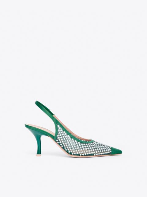 MALONE SOULIERS Vesper 70 Green Crystal Satin Slingbacks