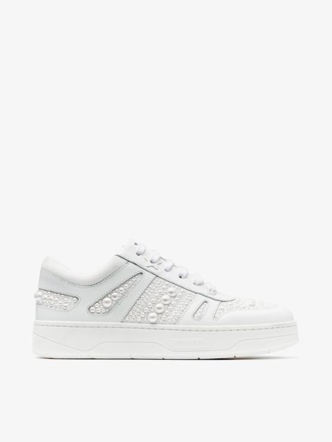 JIMMY CHOO Hawaii/F
White Calf Leather and Canvas Low Top Trainers with Pearl Embellishment