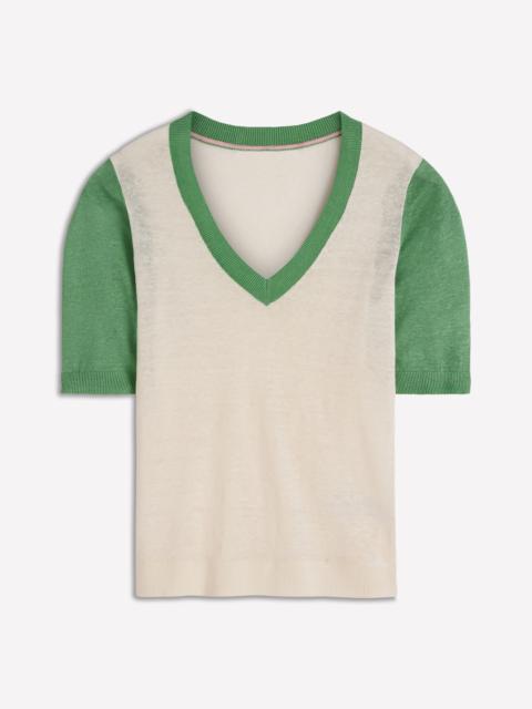BODEN Agnes Linen V Neck T-Shirt-Ivory/ Green
